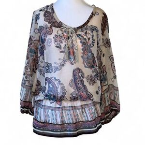 BISOU BISOU Paisley Boho Peasant Blouse Sheer Tassel Tie M/M